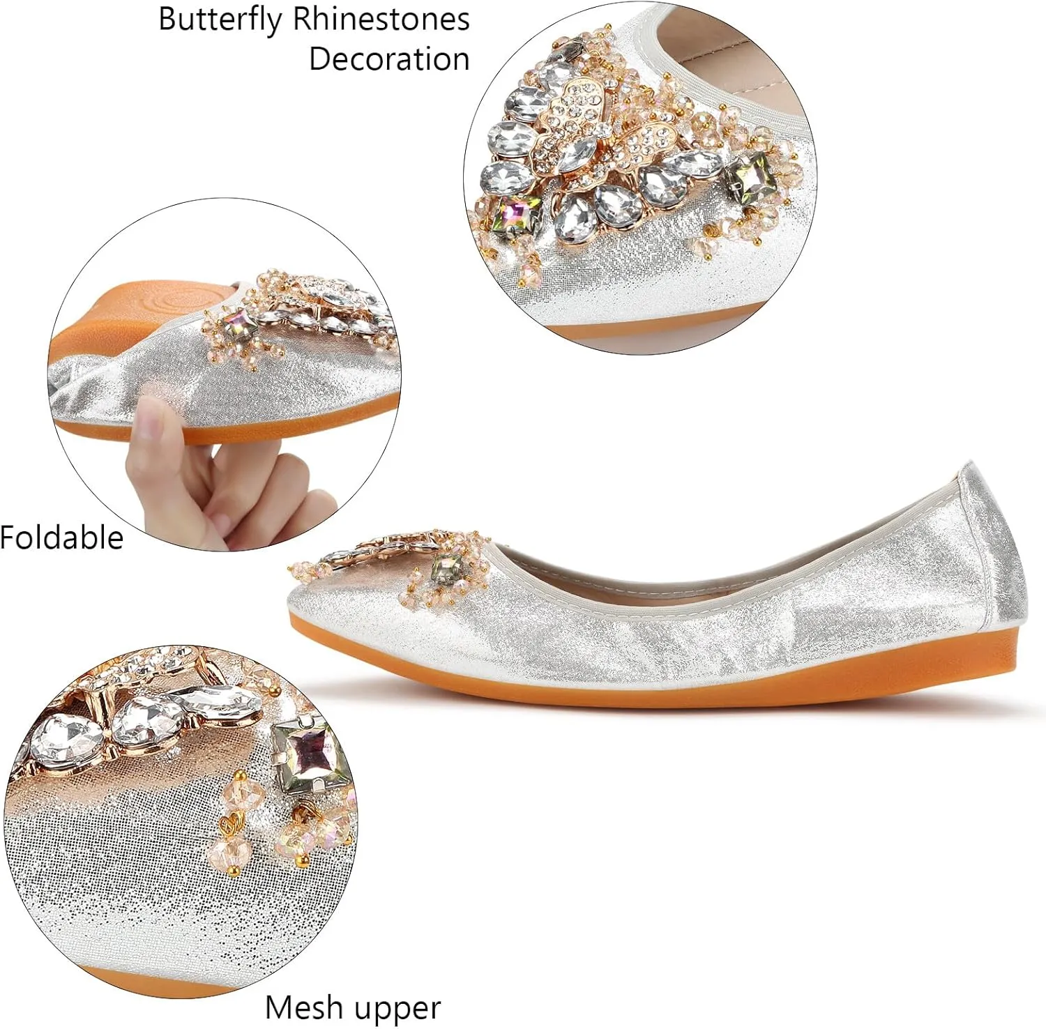 KUNWFNIX Women Ballet Flats Rhinestone Wedding Ballerina Shoes Foldable Sparkly Comfort Slip on Flat Shoes