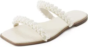 LACUONE Pearl Strap Flat Sandals For Women Slip On Square Open Toe Slides Sandals