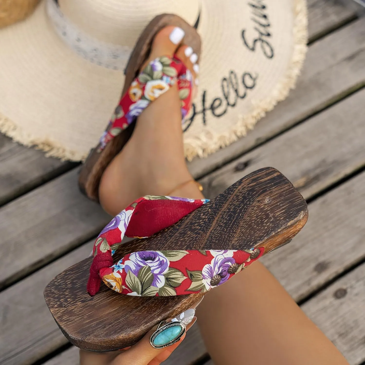 Ladies Summer Retro Toe Flower Ethnic Wooden Bottom Thick Bottom Outer Wear Beach Platform High Heels Sandals for Women