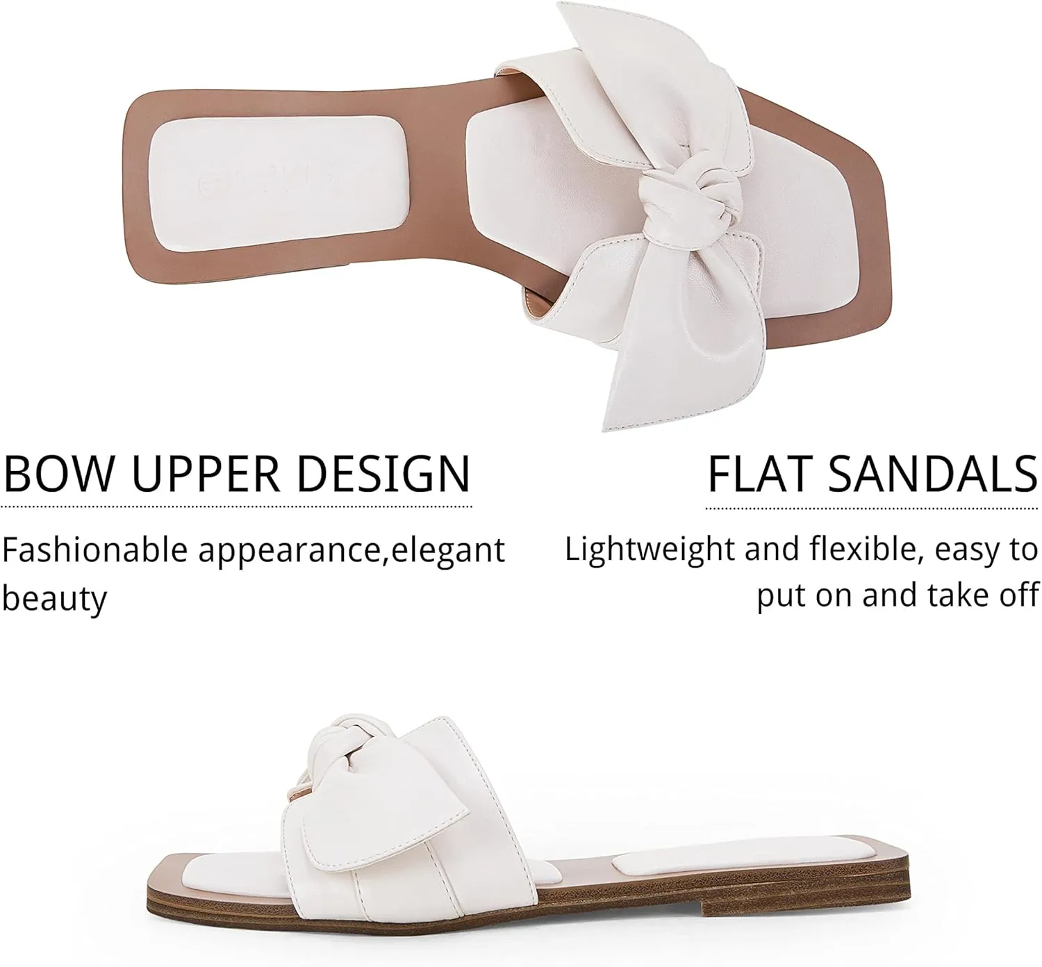 LAICIGO Womens Slip on Bow Sandals Dressy Comfortable Flat Sandals Square Toe Summer Slides