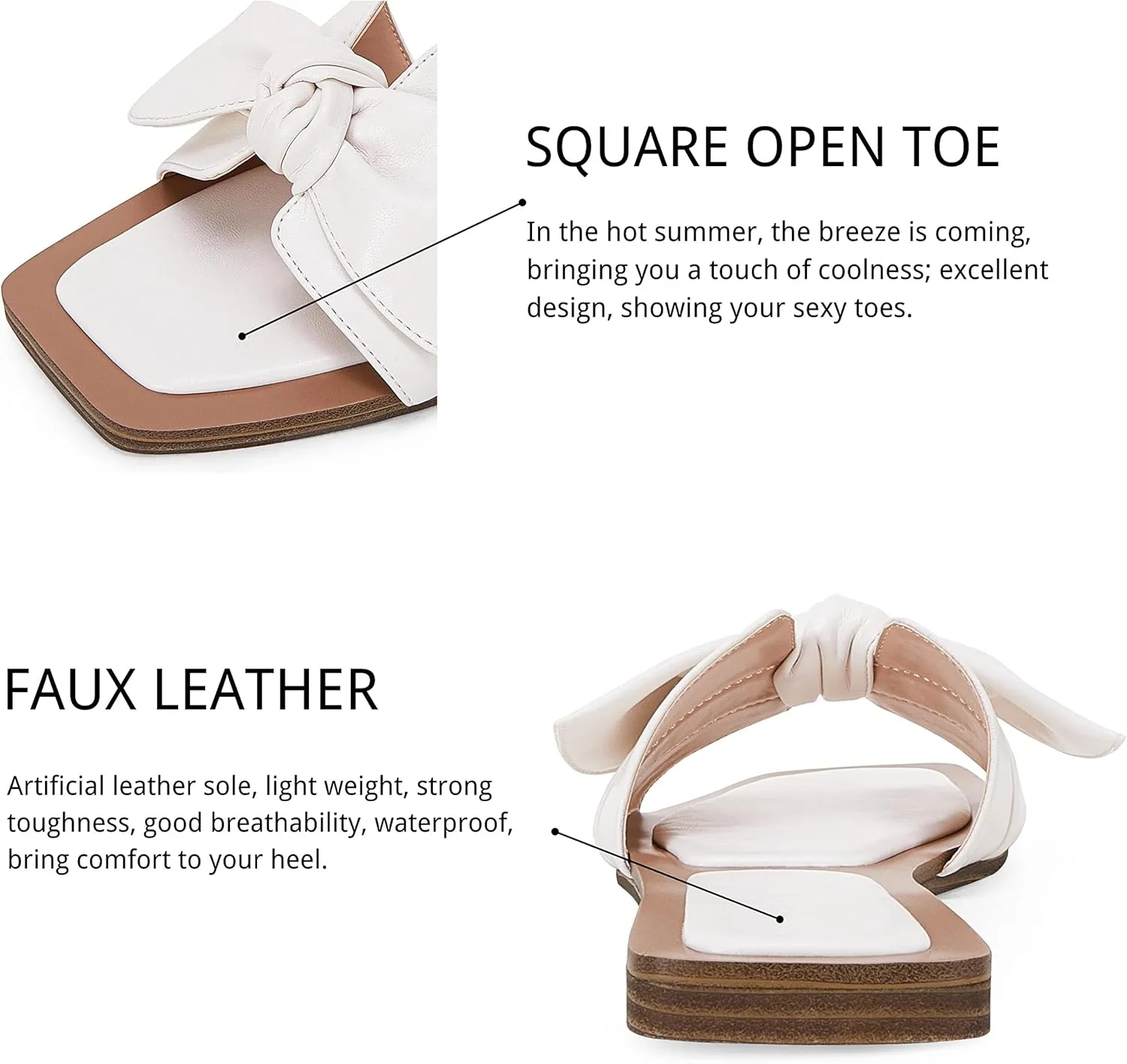 LAICIGO Womens Slip on Bow Sandals Dressy Comfortable Flat Sandals Square Toe Summer Slides