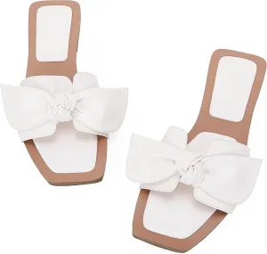 LAICIGO Womens Slip on Bow Sandals Dressy Comfortable Flat Sandals Square Toe Summer Slides