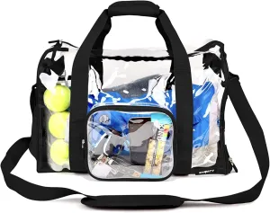 Large Heavy Duty Clear Duffel Bag with Shoes Compartment, Stadium Approved Clear Gym Bag with Adjustable Strap, Clear Tote Handbag for Home, Work, Concerts, Sports Events-Black