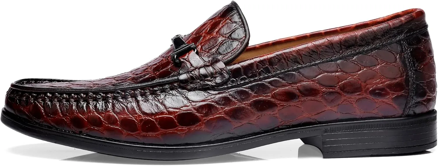 Leather Dress Shoes for Men, Classic Crocodile Printed Leather Slip-on Bit Loafer Party Shoes for Men