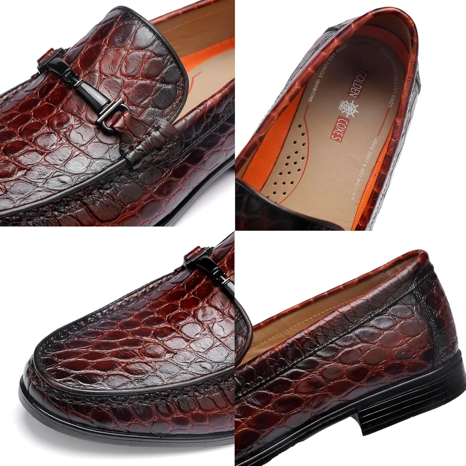 Leather Dress Shoes for Men, Classic Crocodile Printed Leather Slip-on Bit Loafer Party Shoes for Men