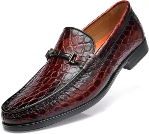 Leather Dress Shoes for Men, Classic Crocodile Printed Leather Slip-on Bit Loafer Party Shoes for Men