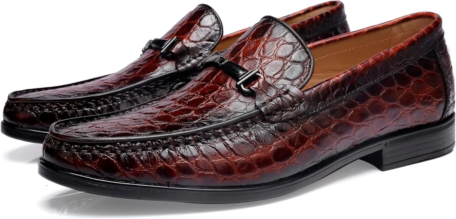 Leather Dress Shoes for Men, Classic Crocodile Printed Leather Slip-on Bit Loafer Party Shoes for Men