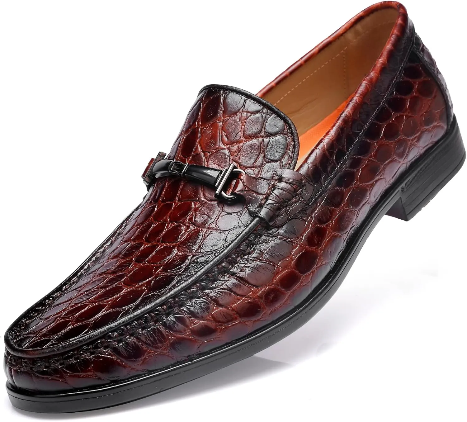 Leather Dress Shoes for Men, Classic Crocodile Printed Leather Slip-on Bit Loafer Party Shoes for Men