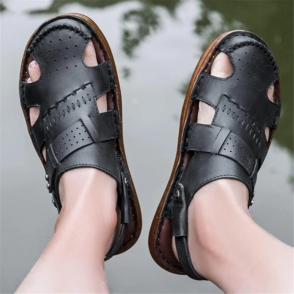 Leather Men Sandals Male Shoes Outdoor Casual Sandals Cowhide Beach Shoes Two Uses Men's Sandals(D,40 Code)