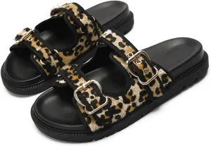 Leopard Print Platform Sandals for Women Slip On Slides Sandals Adjustable Double Buckle Fashion Dressy Flat Shoes for Summer Beach Slipper