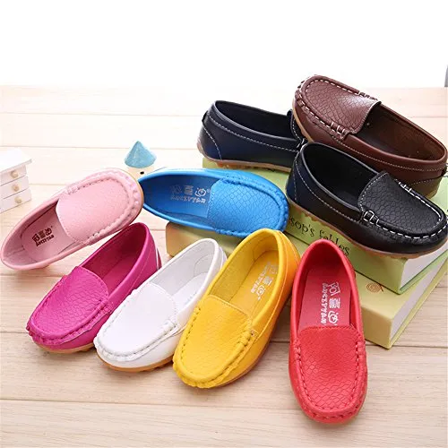 LONSOEN Boys Girls Soft Loafer Slip-On Shoes, Brown Synthetic Leather