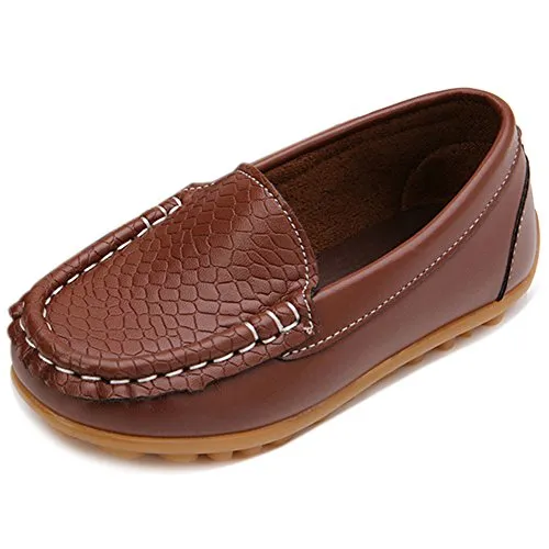 LONSOEN Boys Girls Soft Loafer Slip-On Shoes, Brown Synthetic Leather