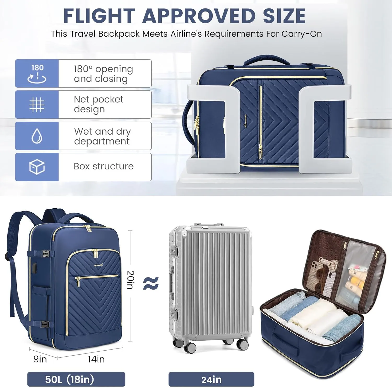 LOVEVOOK Travel Backpack With 3 Packing Cubes,Large Carry on Backpack as Personal Item Airline Approved,50L Waterproof Daypack Travel Bag TSA Fit 18inch Laptop Luggage With USB Charging Port