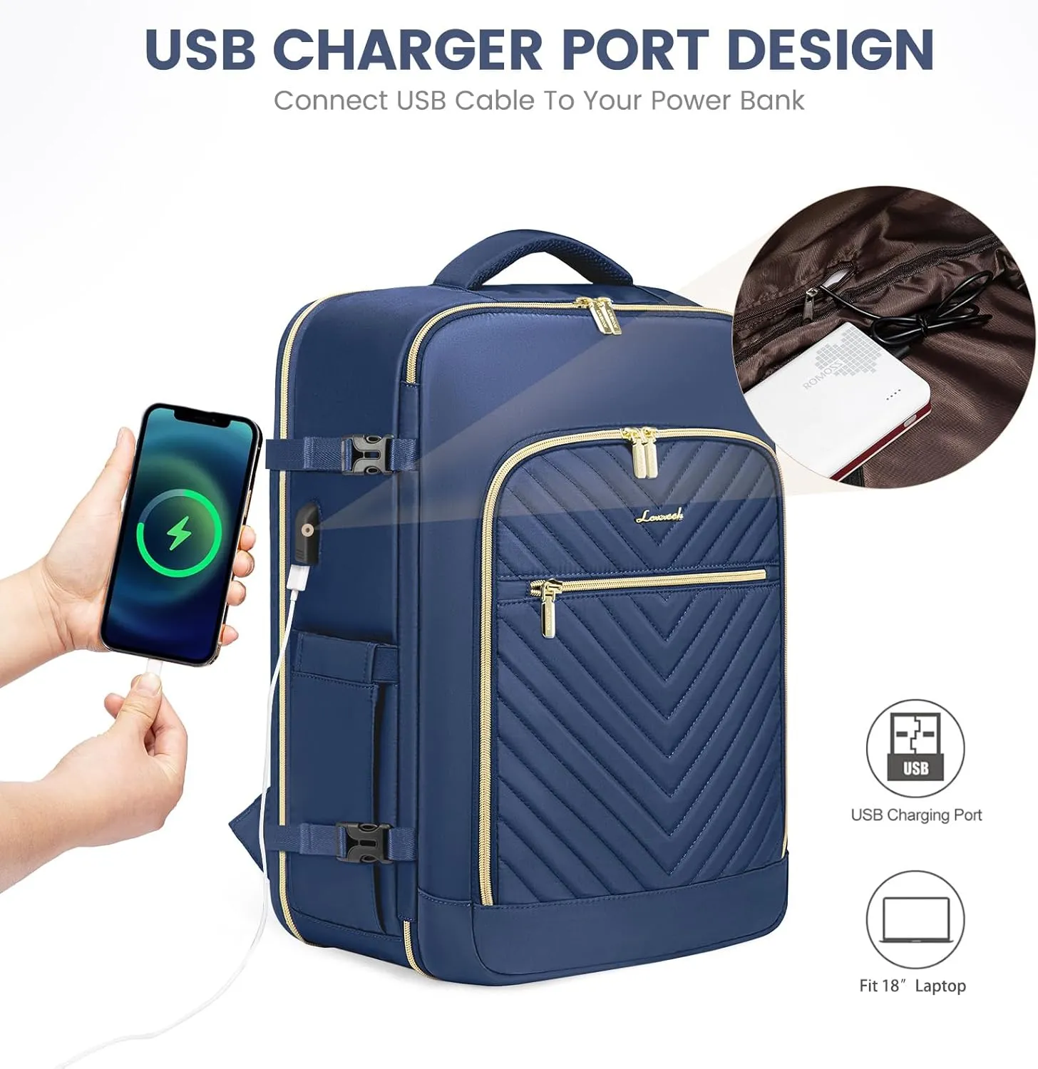 LOVEVOOK Travel Backpack With 3 Packing Cubes,Large Carry on Backpack as Personal Item Airline Approved,50L Waterproof Daypack Travel Bag TSA Fit 18inch Laptop Luggage With USB Charging Port