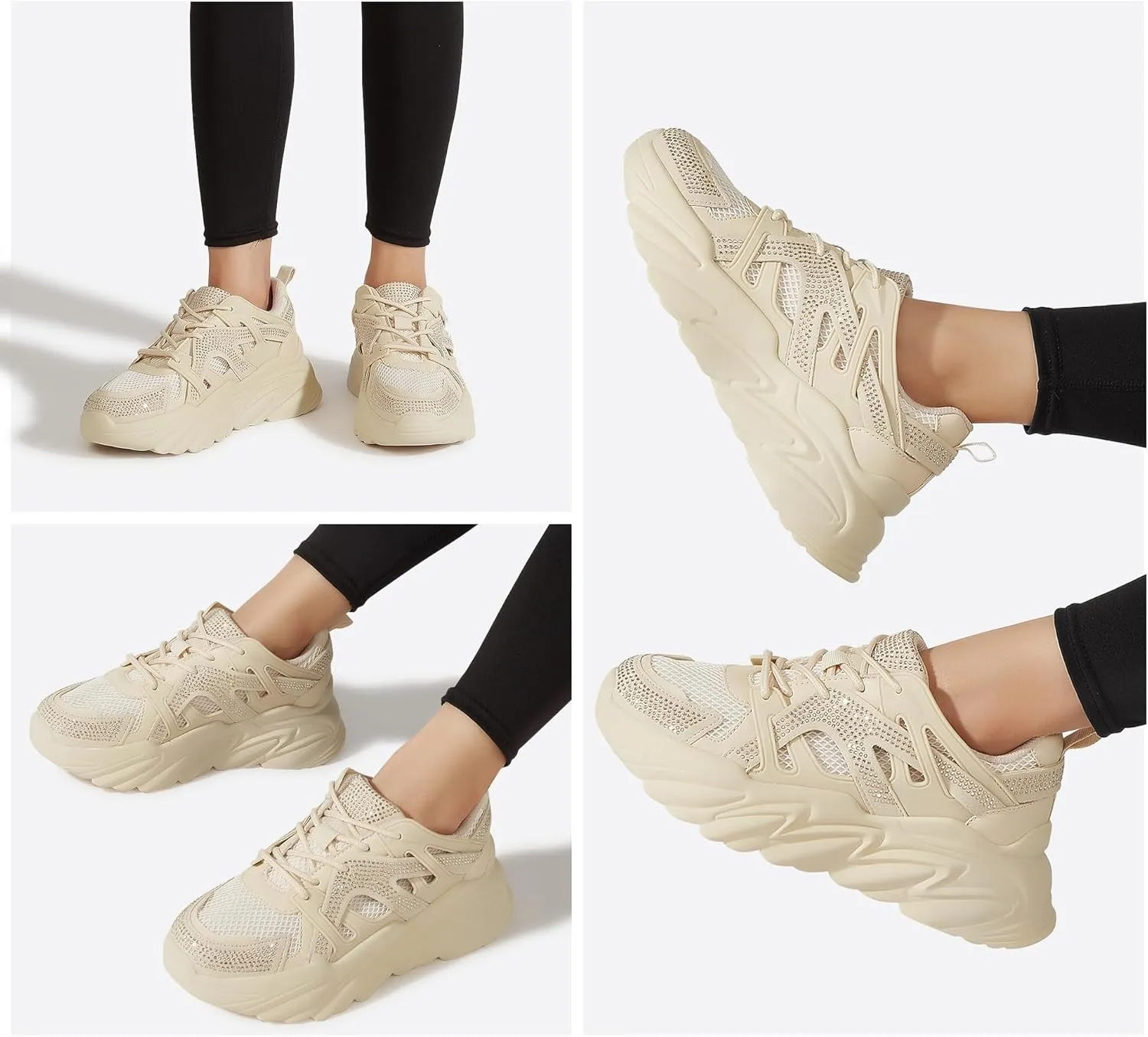 LUCKY STEP Women's Chunky Rhinestone Fashion Sneakers | Sparkly Platform Thick Dad Rave Mesh Walking Shoes