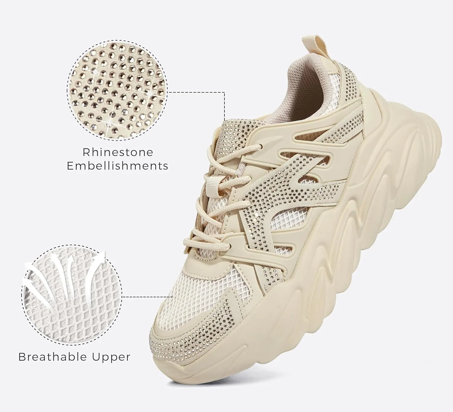 LUCKY STEP Women's Chunky Rhinestone Fashion Sneakers | Sparkly Platform Thick Dad Rave Mesh Walking Shoes