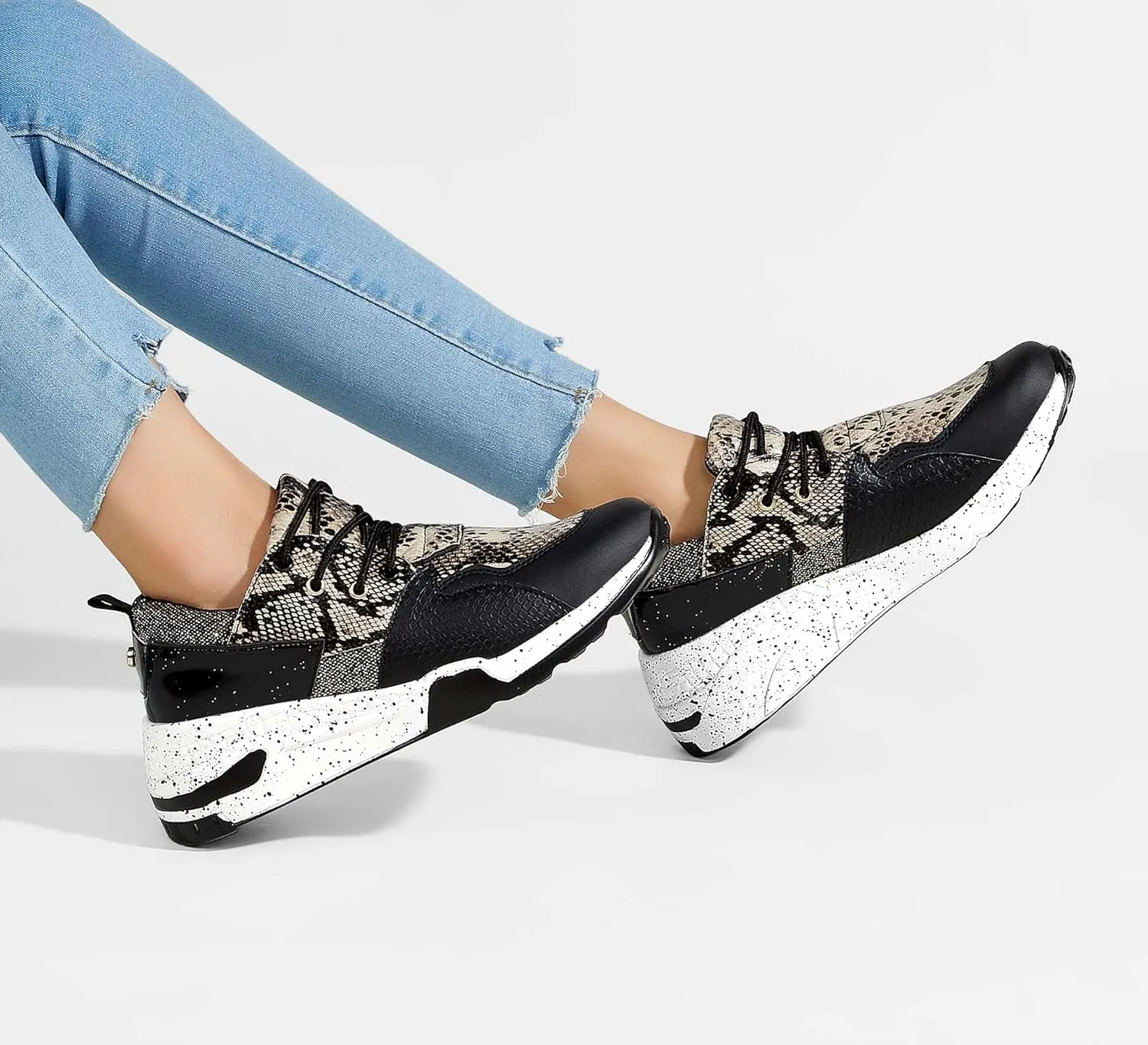 LUCKY STEP Women's High Heel Wedge Sneakers Fashion Cliff Platform Retro Lace Up Casual Shoes