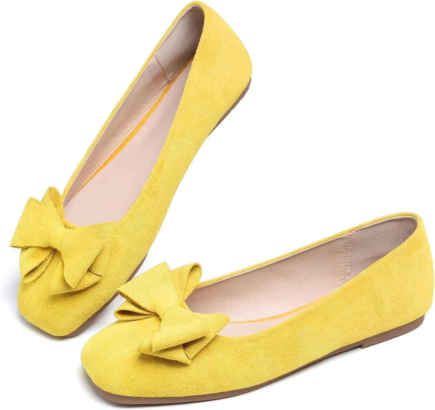 LUXINYU Women's Slip on Flats,Square Toe Solid Classic Shallow Bow Knot Ballet Dance Shoes Soft Comfortable Suede Work Flat Shoes