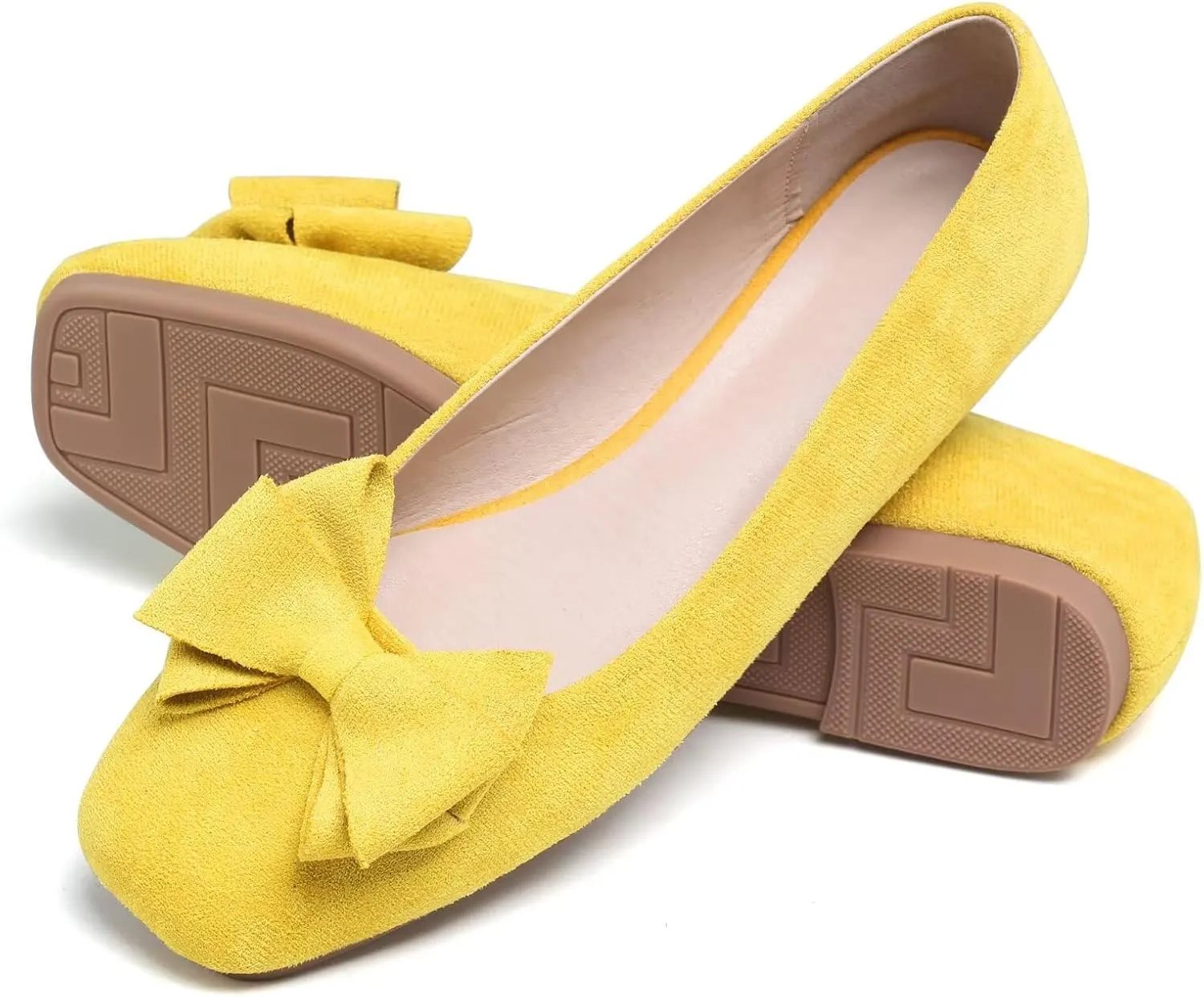 LUXINYU Women's Slip on Flats,Square Toe Solid Classic Shallow Bow Knot Ballet Dance Shoes Soft Comfortable Suede Work Flat Shoes
