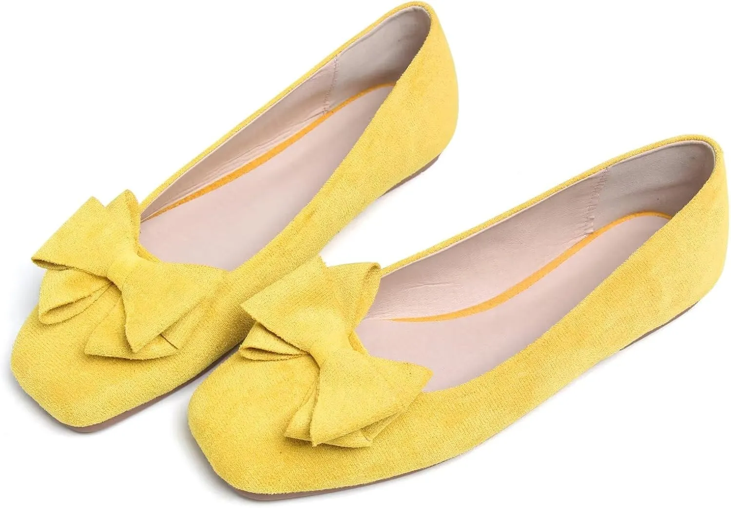 LUXINYU Women's Slip on Flats,Square Toe Solid Classic Shallow Bow Knot Ballet Dance Shoes Soft Comfortable Suede Work Flat Shoes