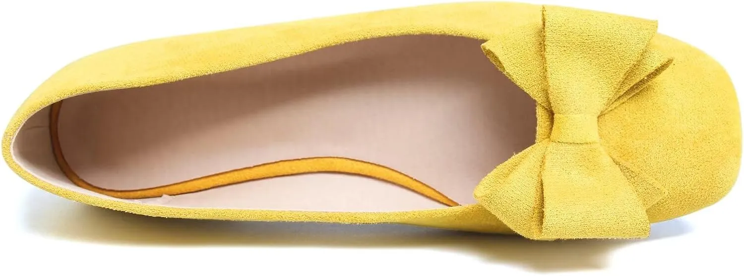 LUXINYU Women's Slip on Flats,Square Toe Solid Classic Shallow Bow Knot Ballet Dance Shoes Soft Comfortable Suede Work Flat Shoes