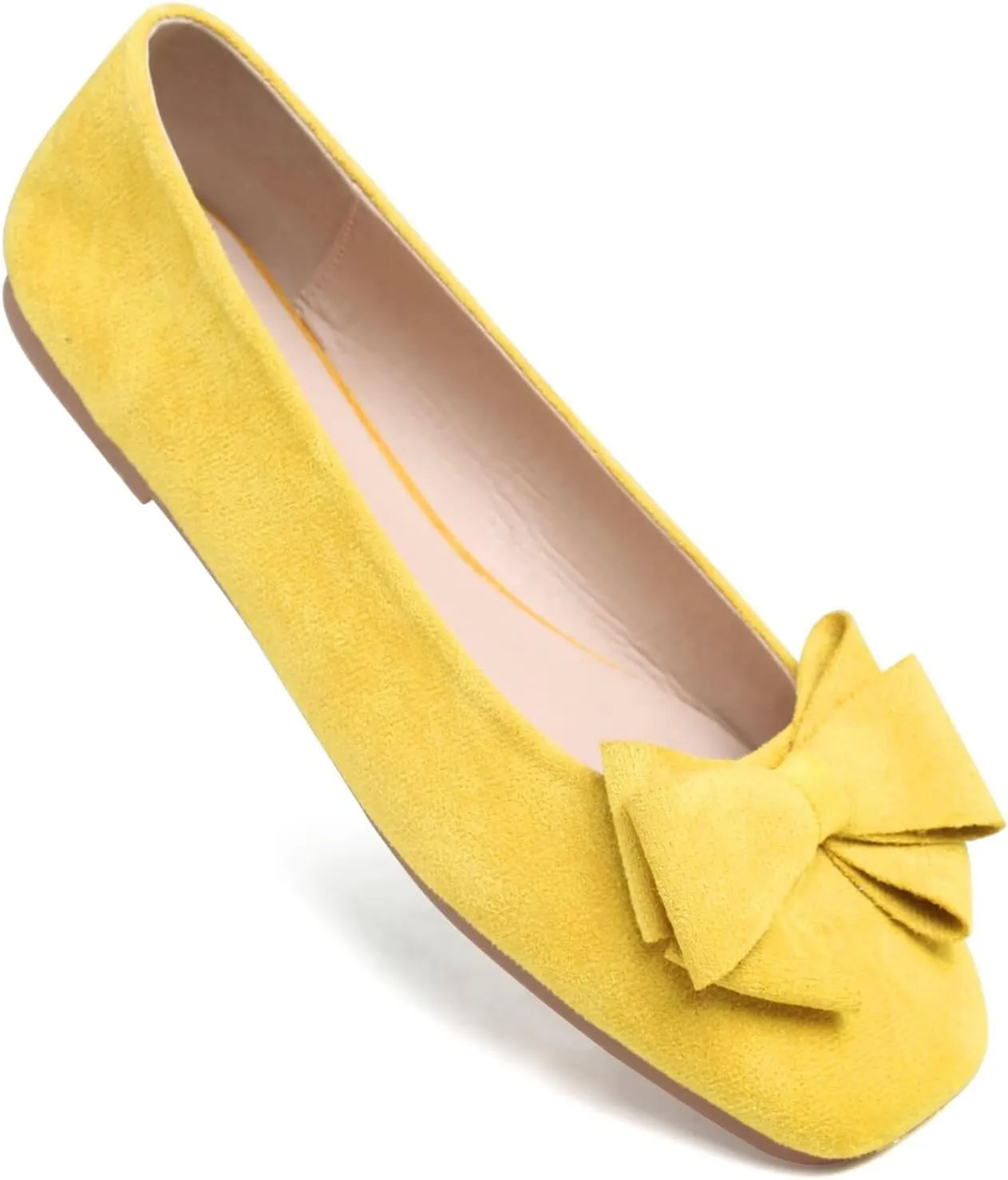 LUXINYU Women's Slip on Flats,Square Toe Solid Classic Shallow Bow Knot Ballet Dance Shoes Soft Comfortable Suede Work Flat Shoes