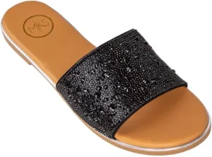 Makers Shoes - Carly 1 - Rhinestone Slide Sandals, Slip-On Flat Sandals, Available in Silver, Rose Gold, Black