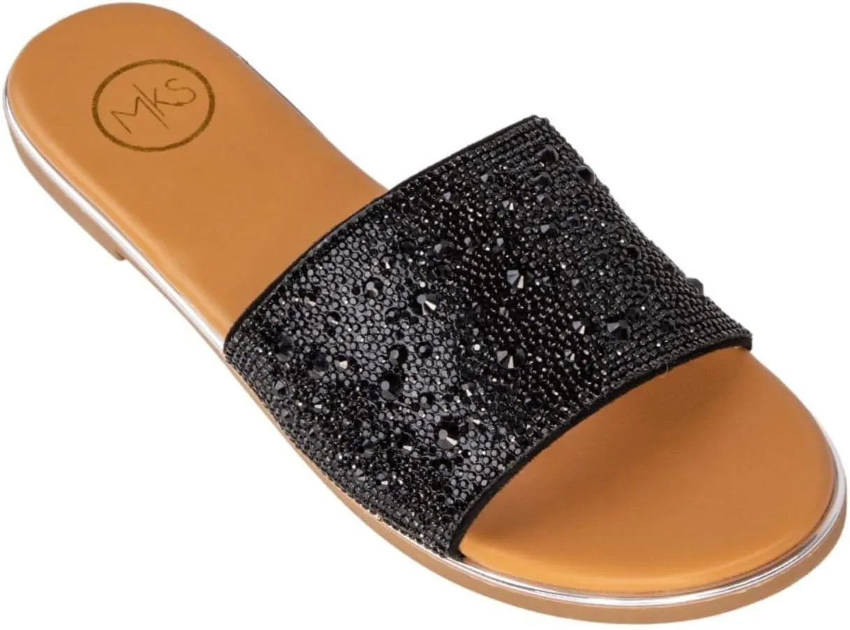 Makers Shoes - Carly 1 - Rhinestone Slide Sandals, Slip-On Flat Sandals, Available in Silver, Rose Gold, Black