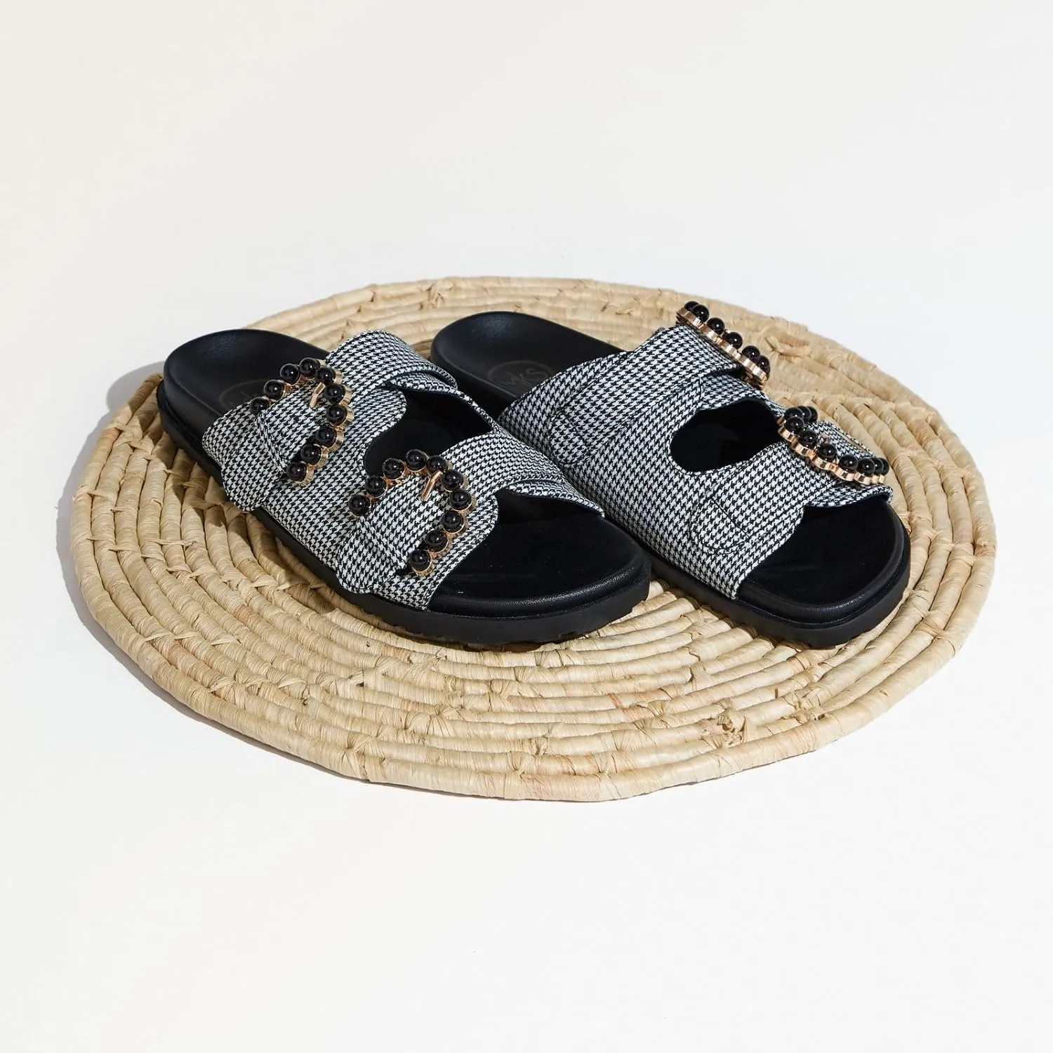 MAKERS SHOES KELLY Houndstooth Pattern Slide Sandals with Pearl Beads, Double Strap Comfort Footbed