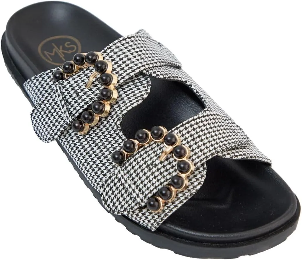 MAKERS SHOES KELLY Houndstooth Pattern Slide Sandals with Pearl Beads, Double Strap Comfort Footbed