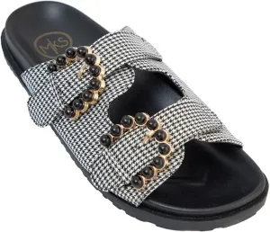 MAKERS SHOES KELLY Houndstooth Pattern Slide Sandals with Pearl Beads, Double Strap Comfort Footbed