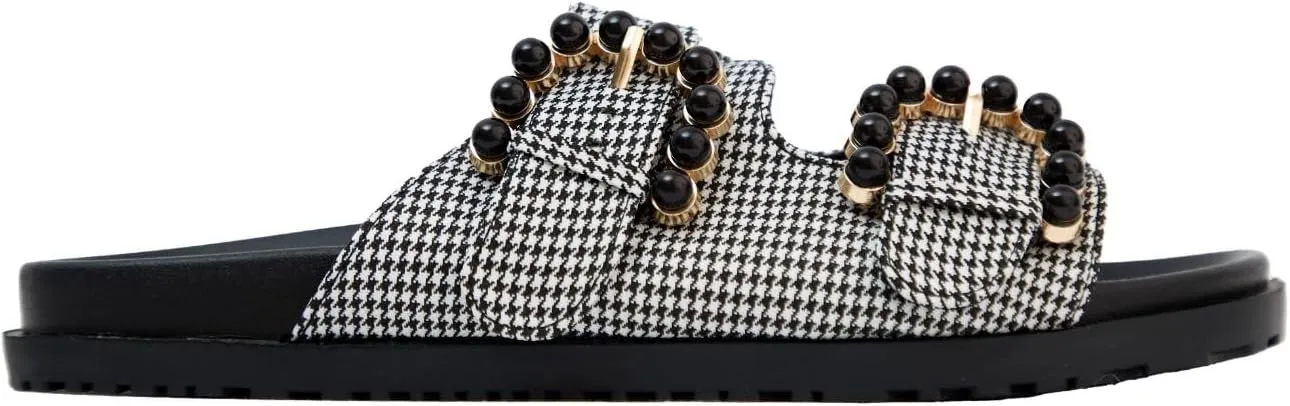 MAKERS SHOES KELLY Houndstooth Pattern Slide Sandals with Pearl Beads, Double Strap Comfort Footbed