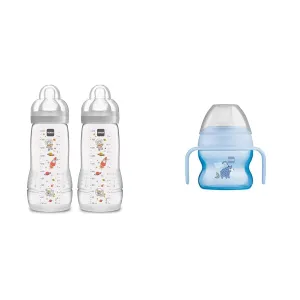 MAM Easy Active Bottle 11 oz (2-Count) and Starter Cup (1 Count) Bundle, Fast Flow Bottles and Sippy Cup with Spill-Free Spout