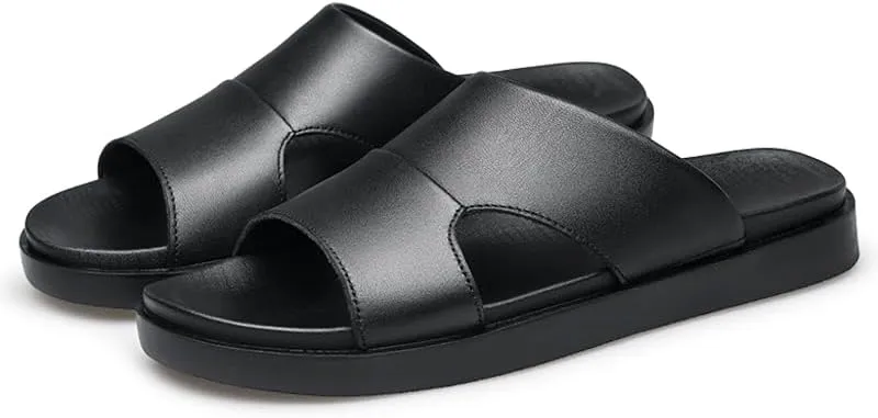 Men Black Leather Slide Sandals Slip On Casual Slippers Summer Shoes Anti-skid Wear Resistant Retro Style