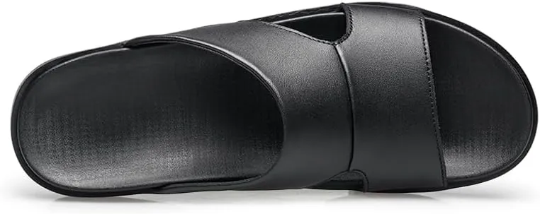 Men Black Leather Slide Sandals Slip On Casual Slippers Summer Shoes Anti-skid Wear Resistant Retro Style
