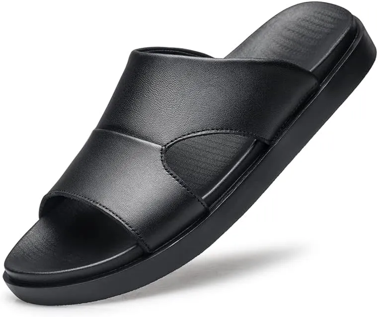 Men Black Leather Slide Sandals Slip On Casual Slippers Summer Shoes Anti-skid Wear Resistant Retro Style