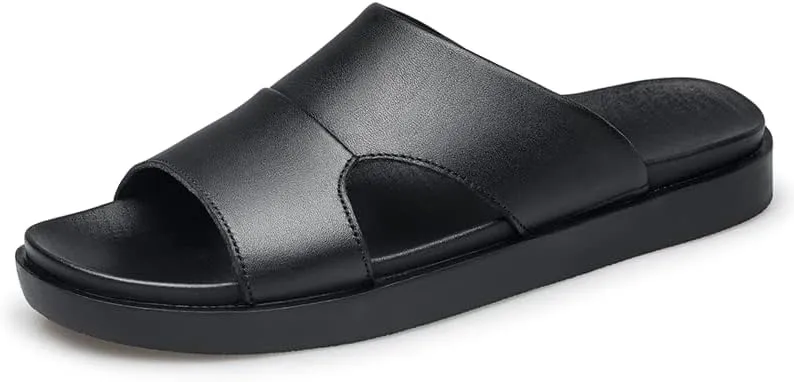 Men Black Leather Slide Sandals Slip On Casual Slippers Summer Shoes Anti-skid Wear Resistant Retro Style
