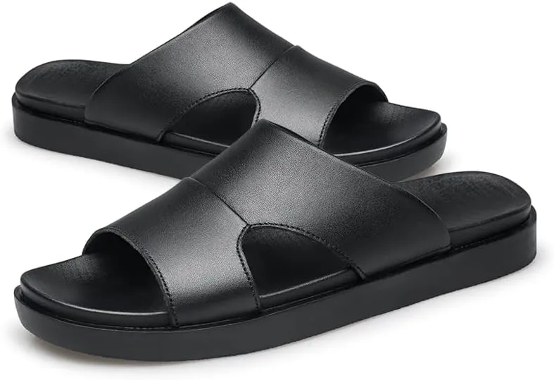 Men Black Leather Slide Sandals Slip On Casual Slippers Summer Shoes Anti-skid Wear Resistant Retro Style