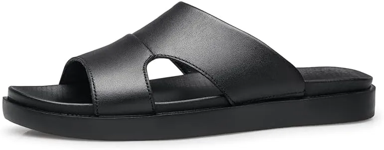 Men Black Leather Slide Sandals Slip On Casual Slippers Summer Shoes Anti-skid Wear Resistant Retro Style