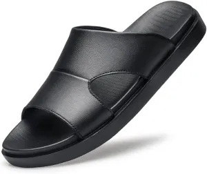 Men Black Leather Slide Sandals Slip On Casual Slippers Summer Shoes Anti-skid Wear Resistant Retro Style