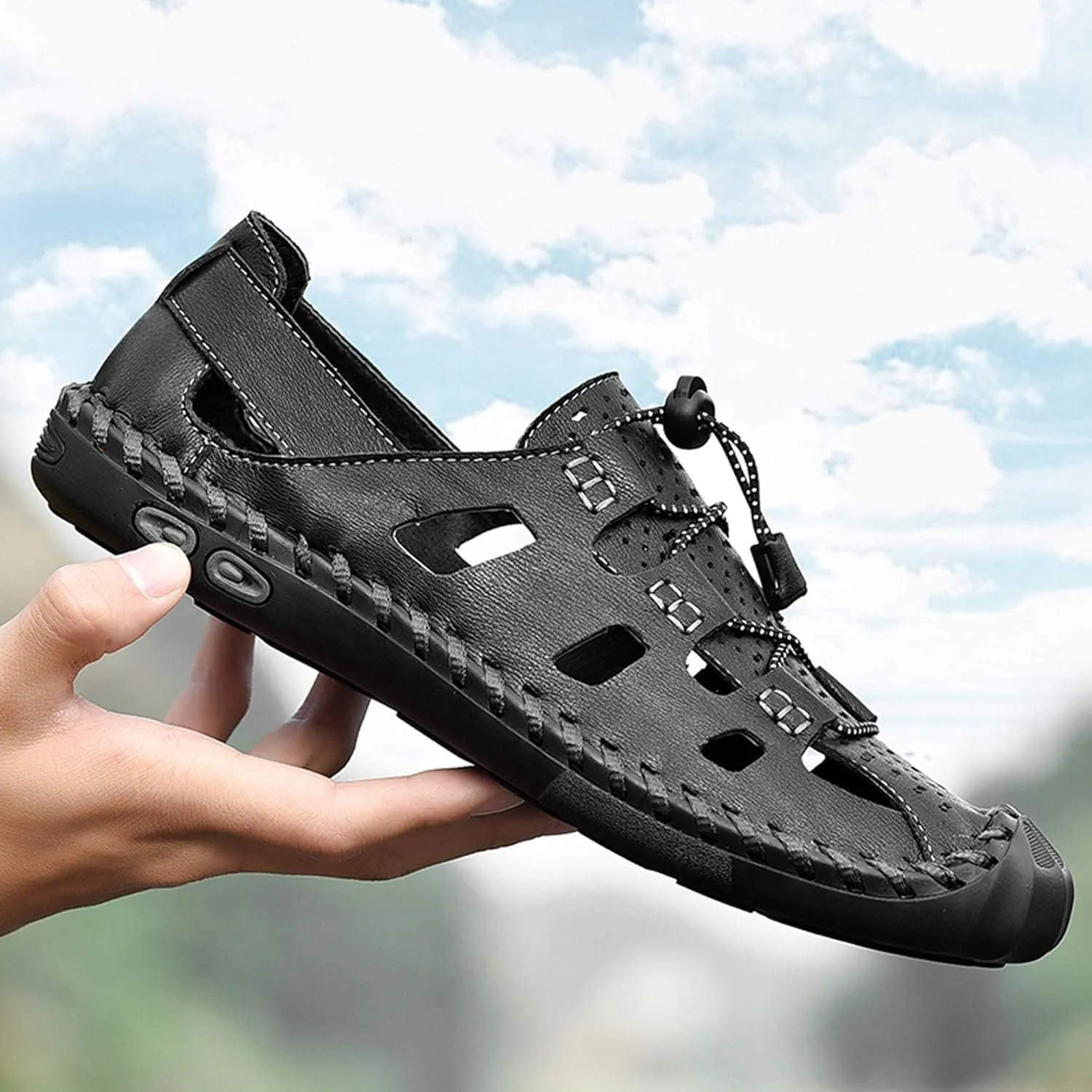 Mens Casual Closed Toe Leather Sandals Outdoor Fisherman Adjustable Sport Summer Shoes
