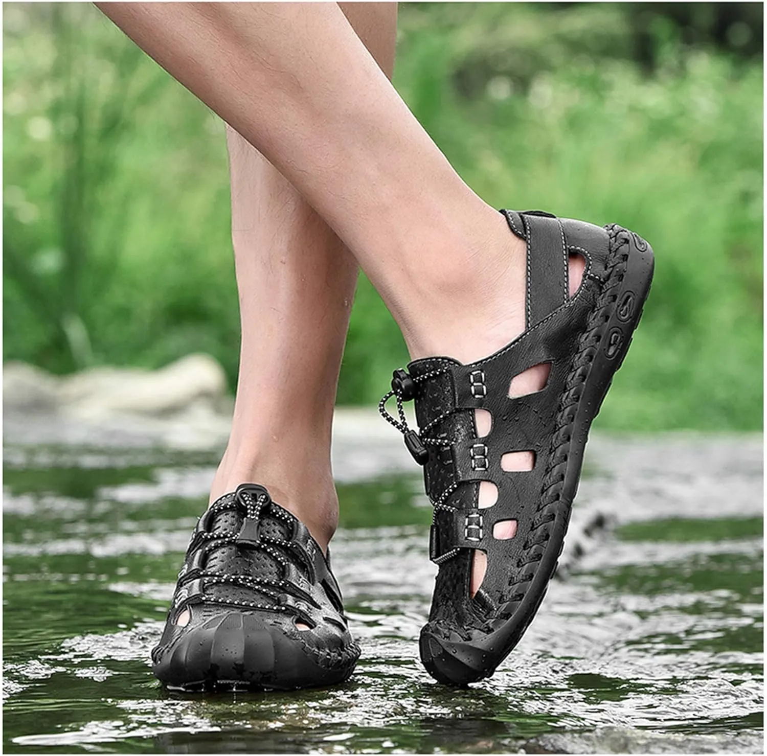 Mens Casual Closed Toe Leather Sandals Outdoor Fisherman Adjustable Sport Summer Shoes