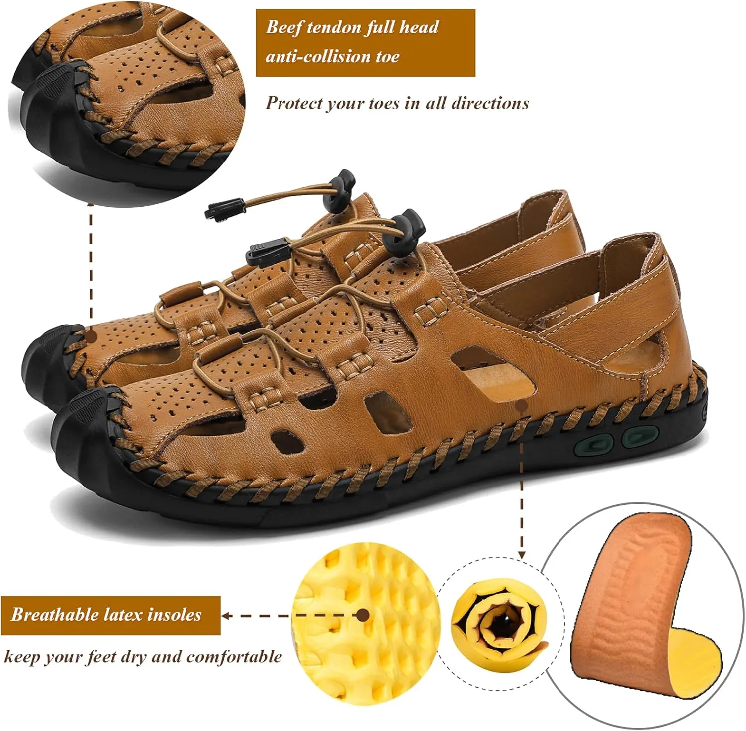 Mens Casual Closed Toe Leather Sandals Outdoor Fisherman Adjustable Sport Summer Shoes