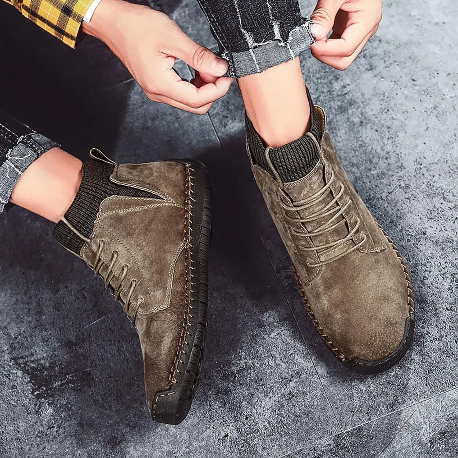 Men's Classic Suede Ankle Boots Lace Up Elastic Winter Boots Soft Flat Soled Walking Boots Mens Shoes 501 Sneaker