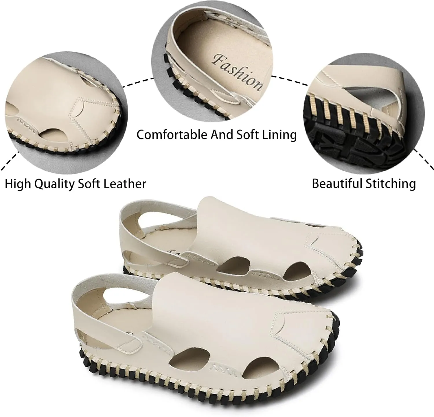 Men's Genuine Leather Cutout Fisherman Sandals Hand Stitched Fashion Comfortable Closed Toe Flat Beach Walking Shoes for Summer Outdoor Casual