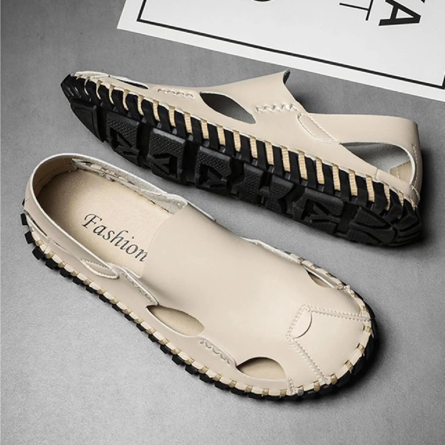 Men's Genuine Leather Cutout Fisherman Sandals Hand Stitched Fashion Comfortable Closed Toe Flat Beach Walking Shoes for Summer Outdoor Casual