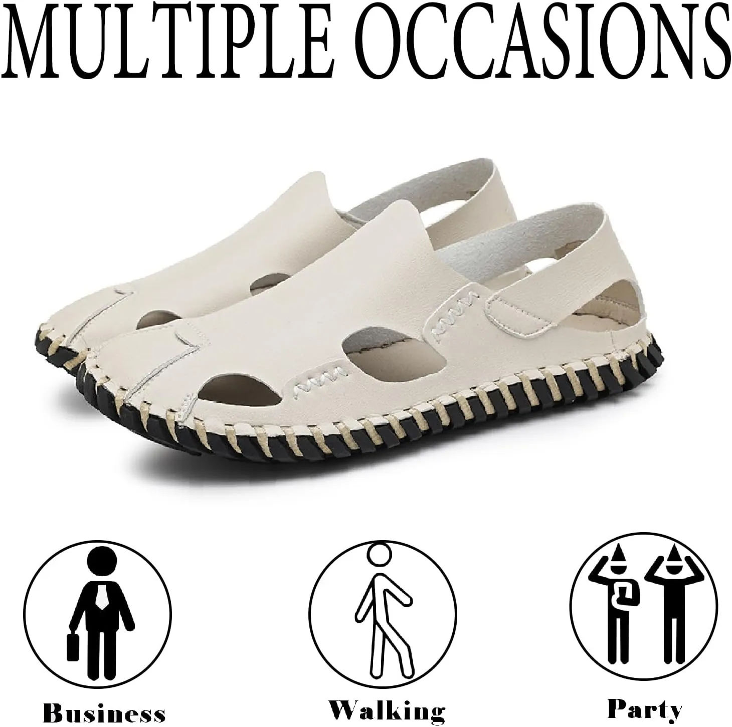 Men's Genuine Leather Cutout Fisherman Sandals Hand Stitched Fashion Comfortable Closed Toe Flat Beach Walking Shoes for Summer Outdoor Casual