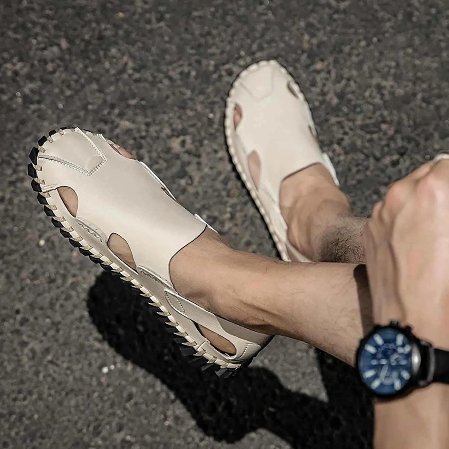 Men's Genuine Leather Cutout Fisherman Sandals Hand Stitched Fashion Comfortable Closed Toe Flat Beach Walking Shoes for Summer Outdoor Casual