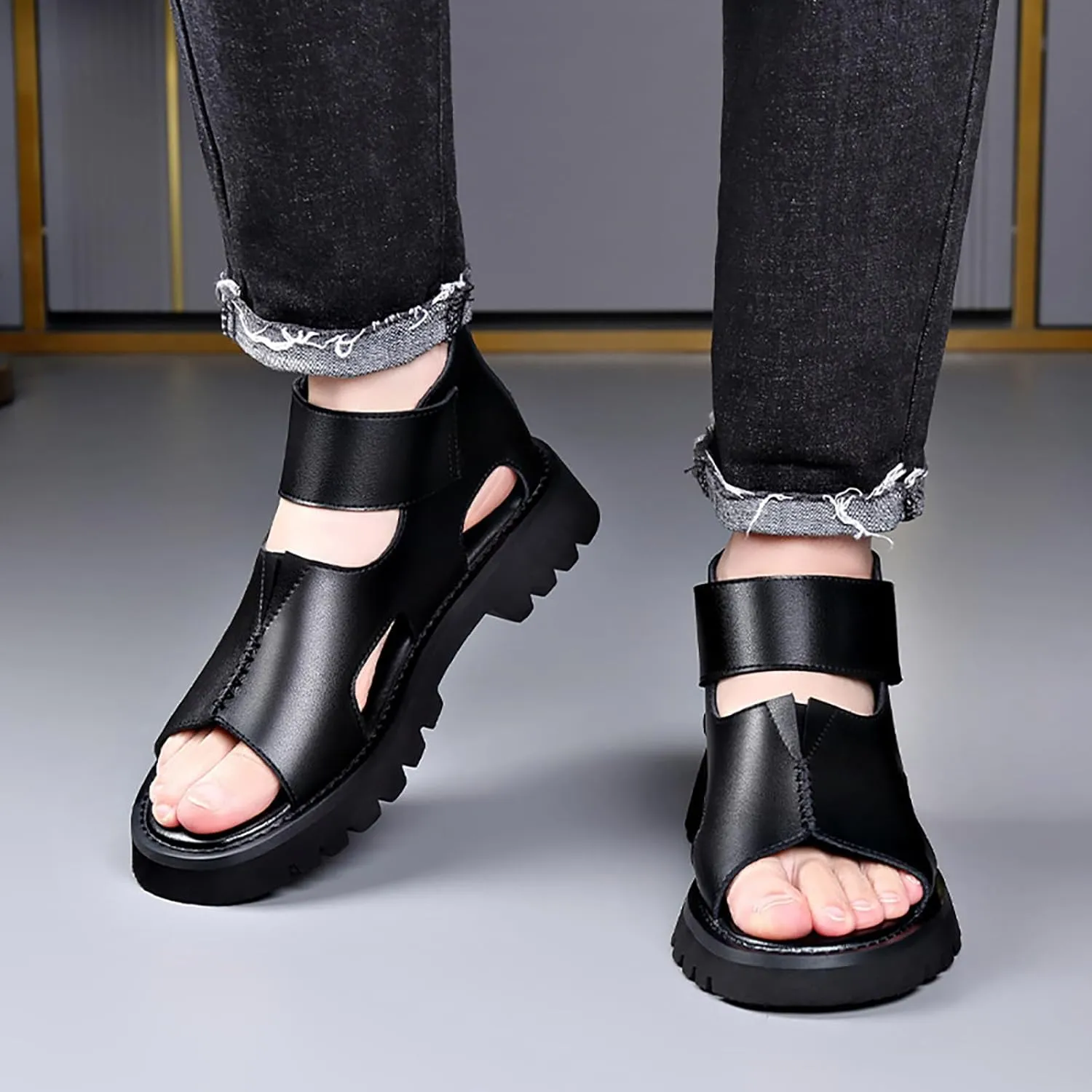 Men's Genuine Leather Round Open Toe Platform High Top Sandals Fashion Hook and Loop Fish Mouth Hollow Roman Sandals Summer Outdoorcasual Non-Slip Beach Walking Sandal Shoes