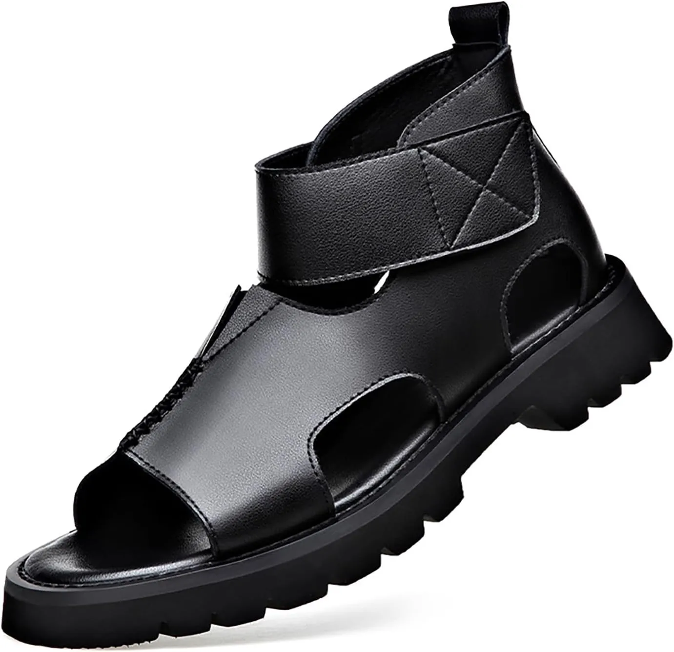 Men's Genuine Leather Round Open Toe Platform High Top Sandals Fashion Hook and Loop Fish Mouth Hollow Roman Sandals Summer Outdoorcasual Non-Slip Beach Walking Sandal Shoes